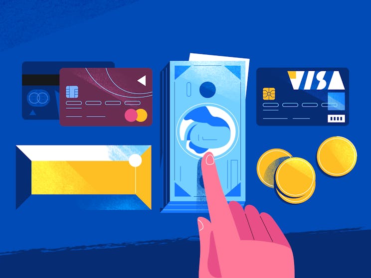 Illustration of different forms of money: Cash, credit card, coins, and gold.